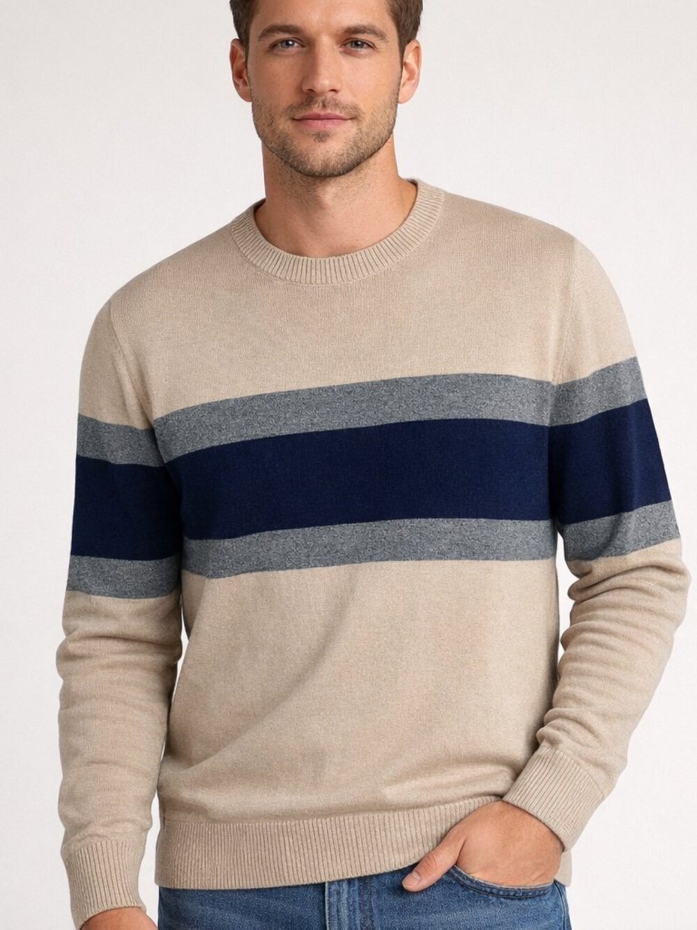 Gap Sweater Stripe Knit Preppy Tan Blue Gray Large